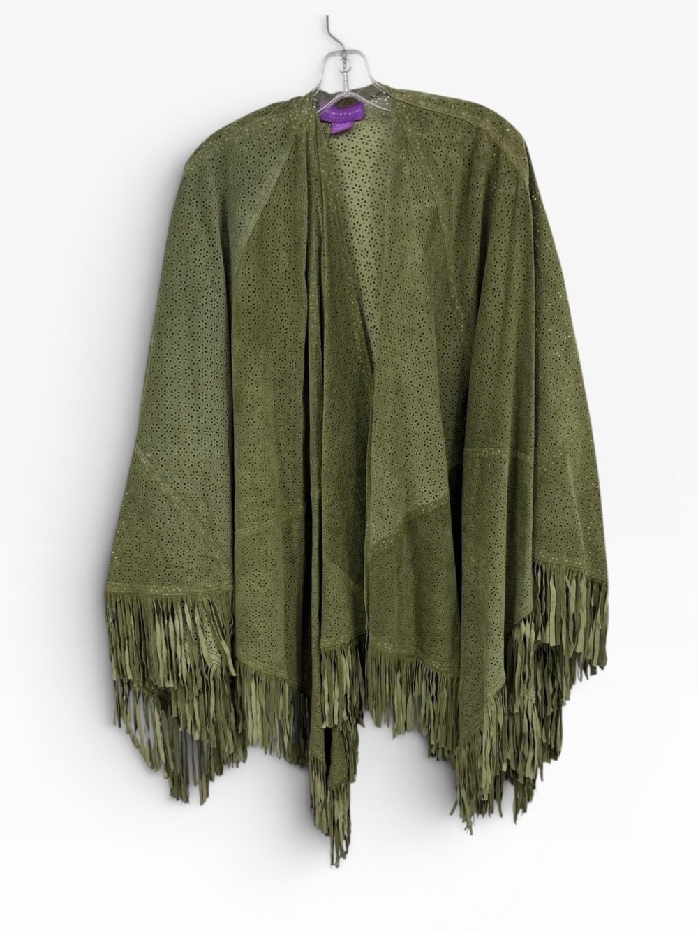 Suzanne Somers green genuine leather fringe poncho vintage boho
